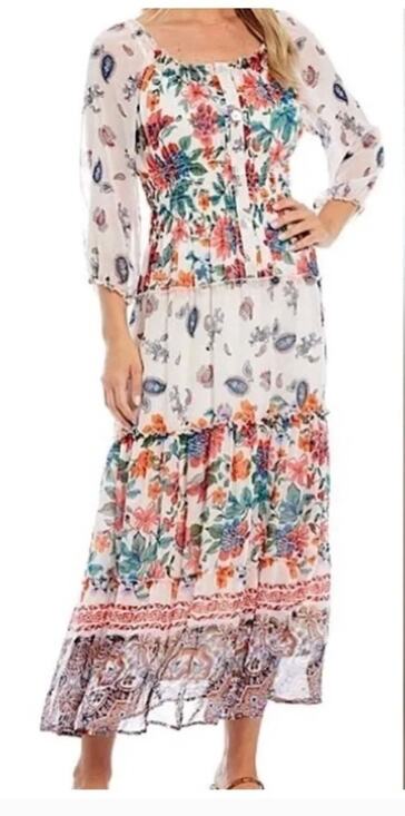 fig and flower Dresses & Skirts - nwt new fig and flower floral long sleeve smocked tiered maxi dress size medium